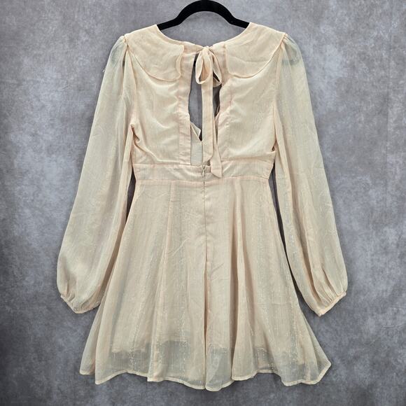 Lush Cream Long Sleeve Flare Ruffle Cutout Tie Cottage Fairy Dress Small - Picture 2 of 8